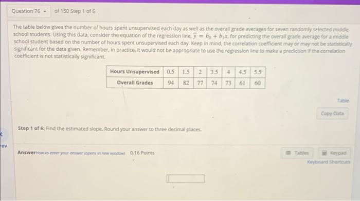 Question 76 Of 150 Step 1 Of 6 The Table Below Gives The Number Of Hours Spent Unsupervised Each Day As Well As The Ove 1