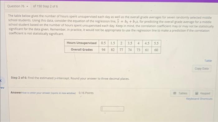 Question 76 Of 150 Step 1 Of 6 The Table Below Gives The Number Of Hours Spent Unsupervised Each Day As Well As The Ove 2