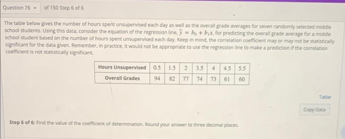 Question 76 Of 150 Step 1 Of 6 The Table Below Gives The Number Of Hours Spent Unsupervised Each Day As Well As The Ove 6