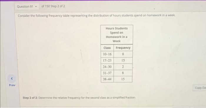 Question 91 Of 150 Step 1 Of 2 Consider The Following Frequency Table Representing The Distribution Of Hours Students Sp 2