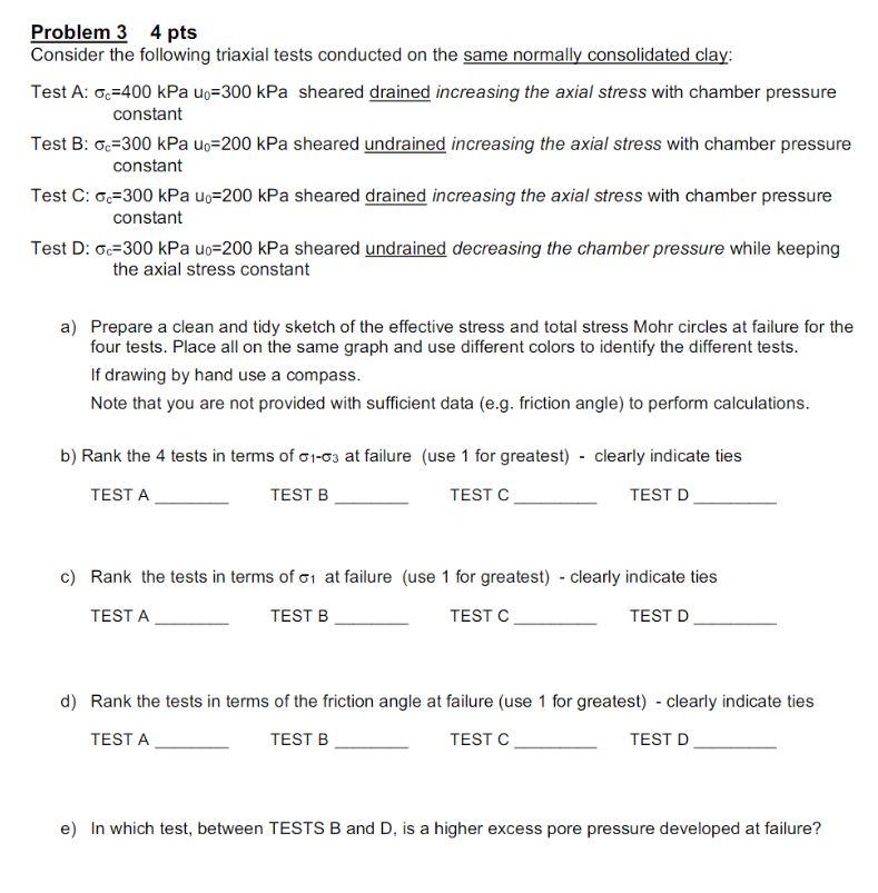 Problem 3 4 Pts Consider The Following Triaxial Tests Conducted On The Same Normally Consolidated Clay Test A C 400 Kp 1