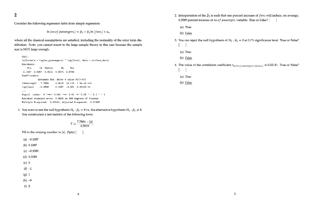 2 Consider The Following Regression Table From Simple Regression In No Of Passengers Ss Ln Fare Where 1