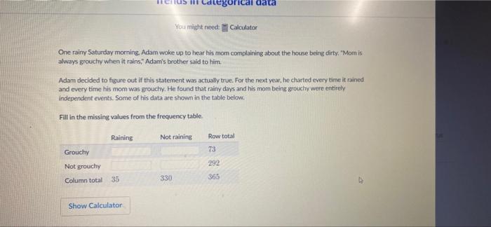 Gorical Data You Might Need Calculator One Rainy Saturday Morning Adam Woke Up To Hear His Mom Complaining About The H 1