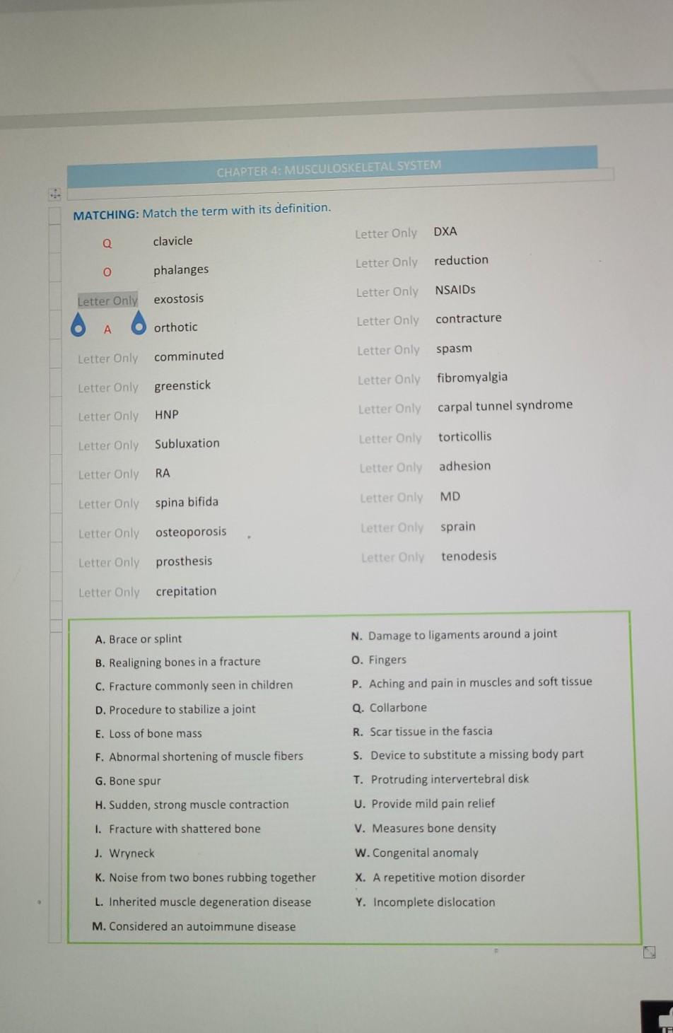 Chapter 4 Musculoskeletal System Matching Match The Term With Its Definition Letter Only Dxa Q Clavicle Reduction Let 1
