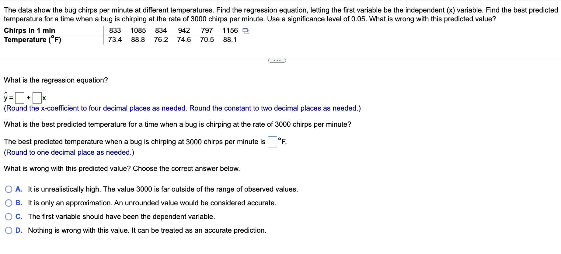 The Data Show The Bug Chirps Per Minute At Different Temperatures Find The Regression Equation Letting The First Varia 1