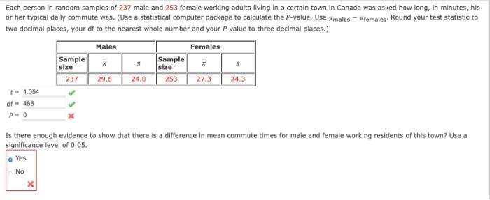Each Person In Random Samples Of 237 Male And 253 Female Working Adults Living In A Certain Town In Canada Was Asked How 1