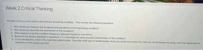 Week 2 Critical Thinking Provide A Link To A News Article Describing A Spreading Condition The Answer The Following Que 2
