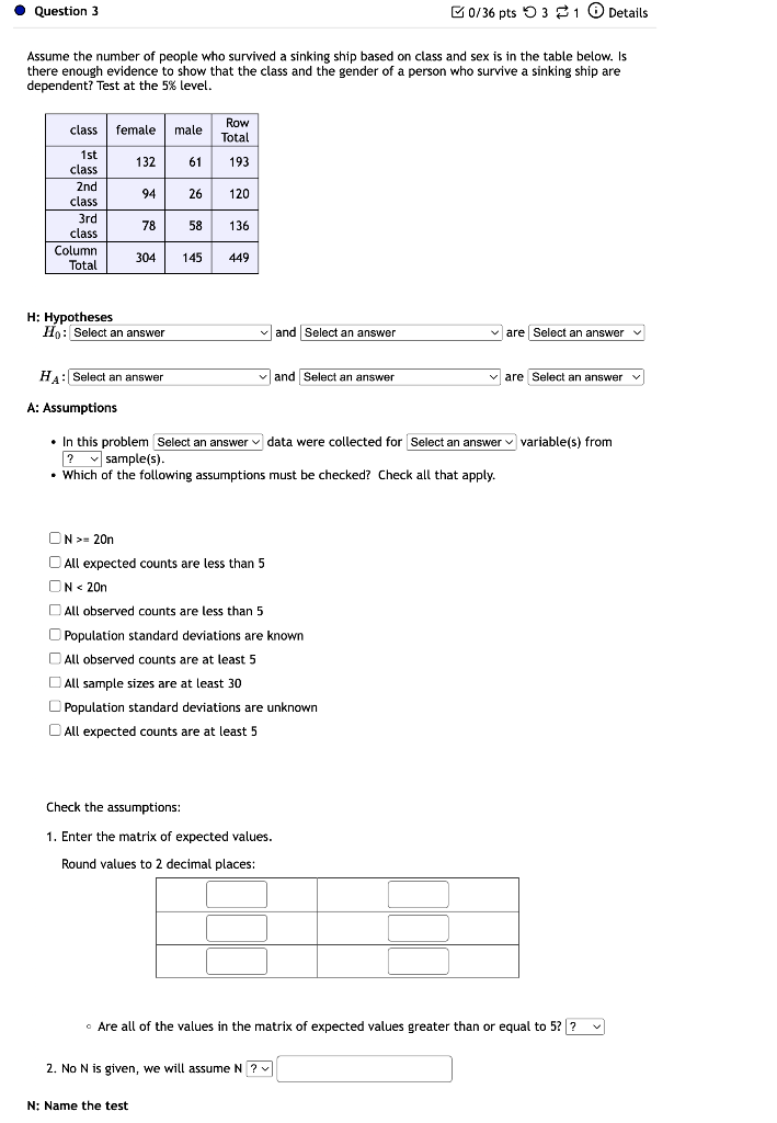 Question 3 0 36 Pts321 Details Assume The Number Of People Who Survived A Sinking Ship Based On Class And Sex Is In The 1