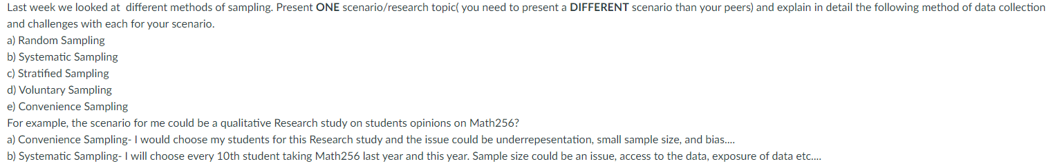 Last Week We Looked At Different Methods Of Sampling Present One Scenario Research Topic You Need To Present A Differe 1