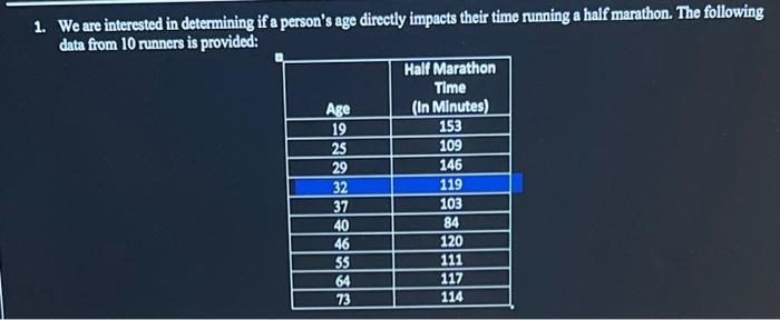 1 We Are Interested In Determining If A Person S Age Directly Impacts Their Time Running A Half Marathon The Following 1