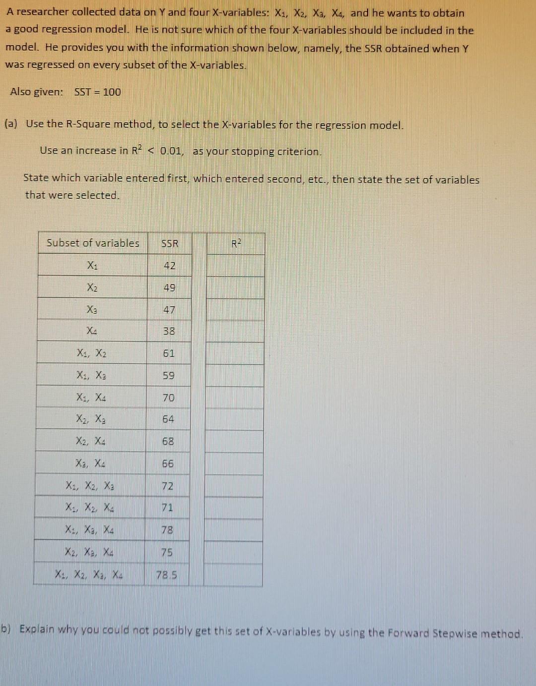 A Researcher Collected Data On Y And Four X Variables X X2 X3 X4 And He Wants To Obtain A Good Regression Model H 1