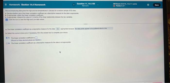 Homework Section 14 4 Homework Question 11 14 4 159 Part 2 Of 3 The Accompanying Data Gives The High And Low Temperatu 1