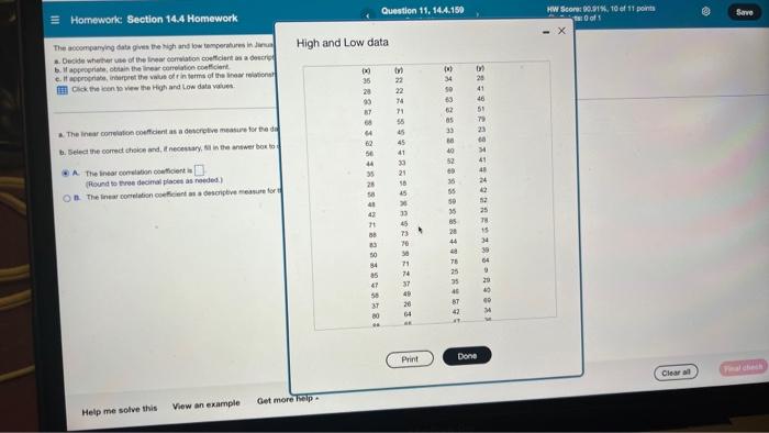 Homework Section 14 4 Homework Question 11 14 4 159 Part 2 Of 3 The Accompanying Data Gives The High And Low Temperatu 2