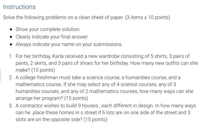 Instructions Solve The Following Problems On A Clean Sheet Of Paper 3 Items X 10 Points Show Your Complete Solution 1