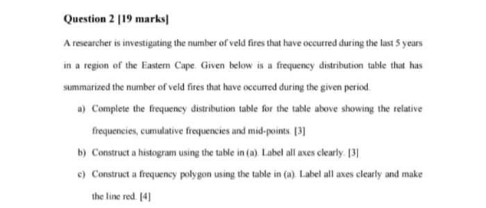 Question 2 19 Marks A Researcher Is Investigating The Number Of Veld Fires That Have Occurred During The Last 5 Years 1