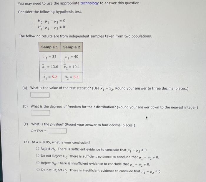 You May Need To Use The Appropriate Technology To Answer This Question Consider The Following Hypothesis Test Ho H1 H 1