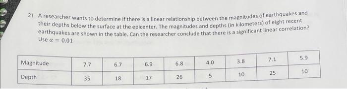 2 A Researcher Wants To Determine If There Is A Linear Relationship Between The Magnitudes Of Earthquakes And Their Dep 1
