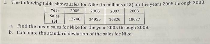 1 The Following Table Shows Sales For Nike In Millions Of For The Years 2005 Through 2008 Year 2005 2006 2007 2008 1