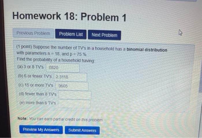 Homework 18 Problem 1 Previous Problem Problem List Next Problem 1 Point Suppose The Number Of Tv S In A Household Ha 1