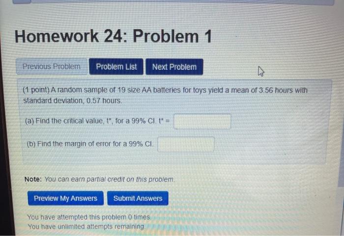Homework 24 Problem 1 Previous Problem Problem List Next Problem 1 Point A Random Sample Of 19 Size Aa Batteries For 1