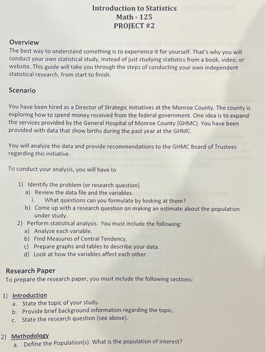 Introduction To Statistics Math 125 Project 2 Overview The Best Way To Understand Something Is To Experience It For Y 1