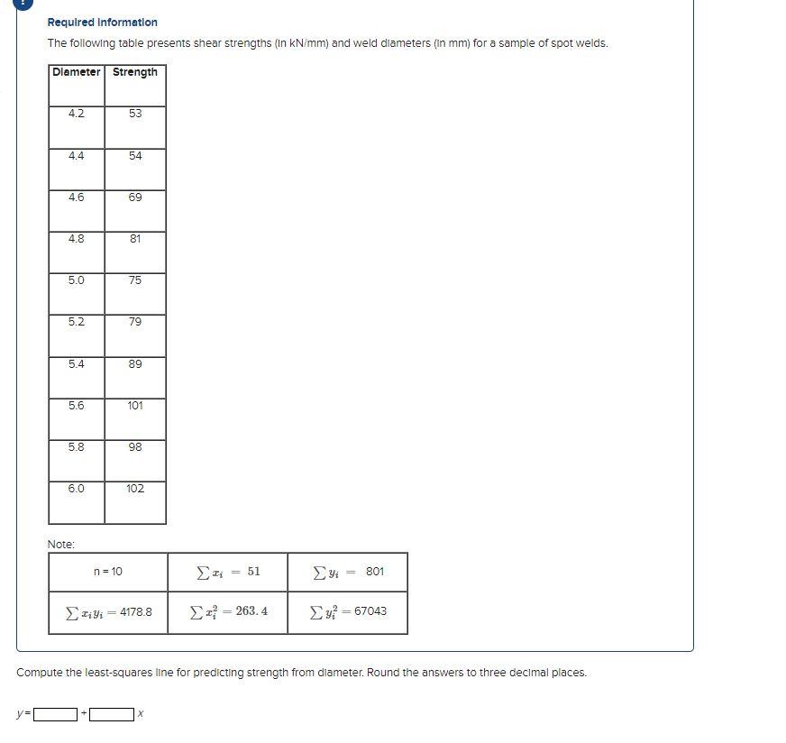 Required Information The Following Table Presents Shear Strengths In Kn Mm And Weld Diameters In Mm For A Sample Of 1