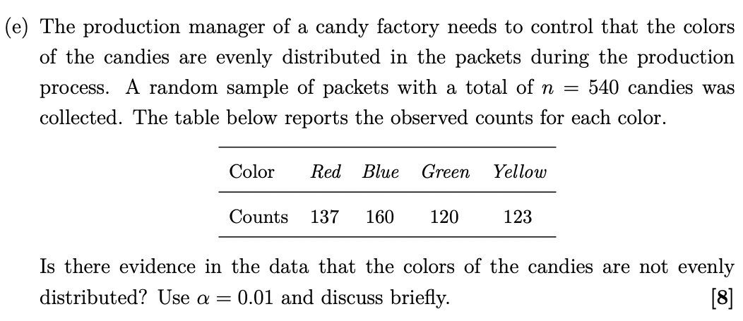 E The Production Manager Of A Candy Factory Needs To Control That The Colors Of The Candies Are Evenly Distributed In 1