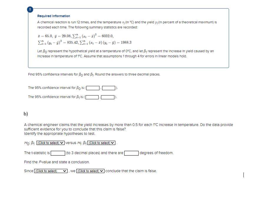 Required Information A Chemical Reaction Is Run 12 Times And The Temperature X In C And The Yield Y In Percent Of 1