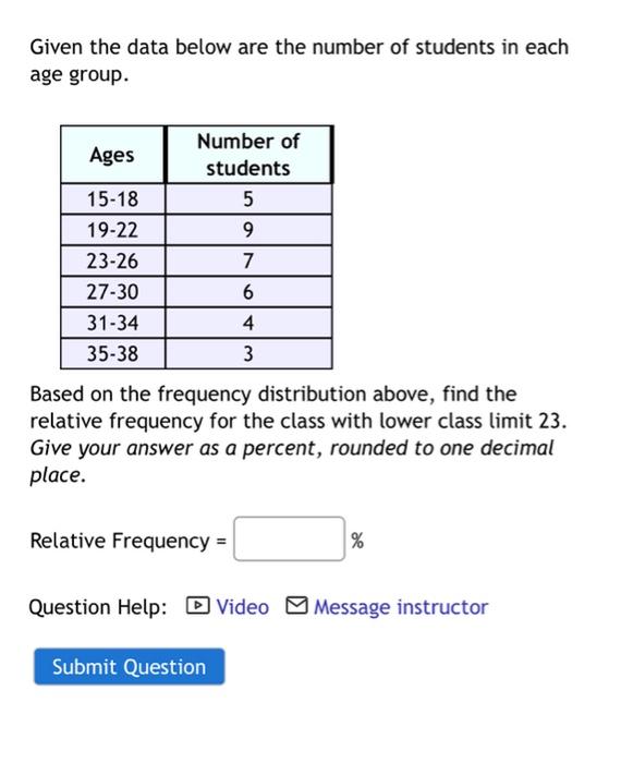 Given The Data Below Are The Number Of Students In Each Age Group Number Of Ages Students 15 18 5 19 22 9 23 26 7 27 30 1