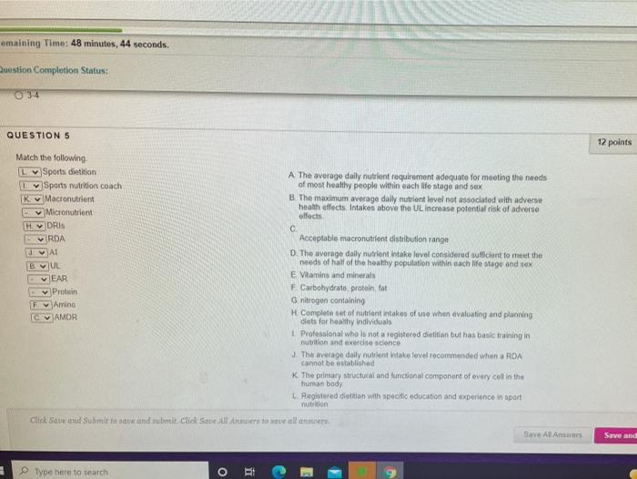 Emaining Time 48 Minutes 44 Seconds Question Completion Status 034 Question 5 12 Points Match The Following L Sports 1
