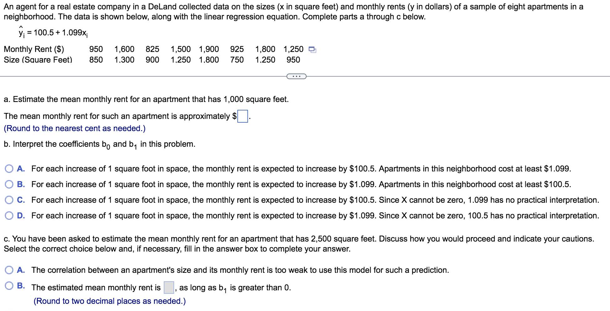 An Agent For A Real Estate Company In A Deland Collected Data On The Sizes X In Square Feet And Monthly Rents Y In Do 1