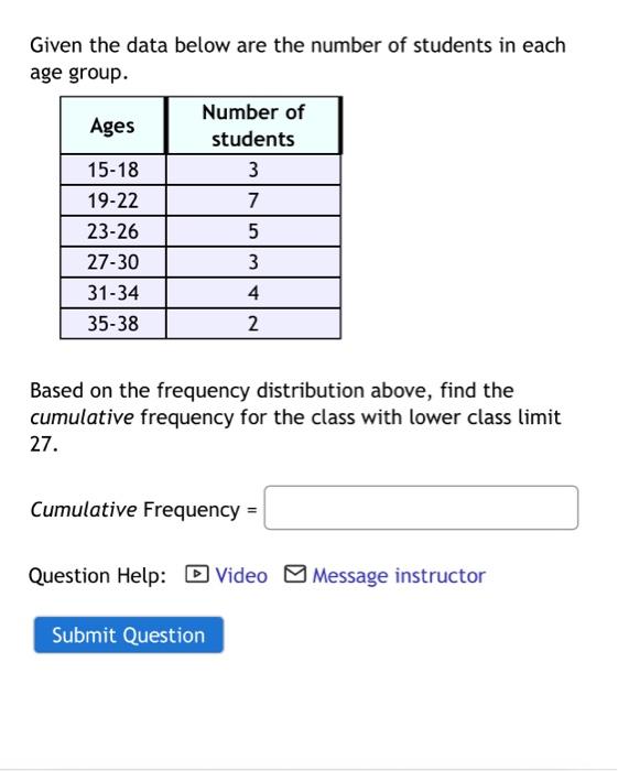 Given The Data Below Are The Number Of Students In Each Age Group Number Of Ages Students 15 18 3 19 22 7 23 26 5 27 30 1