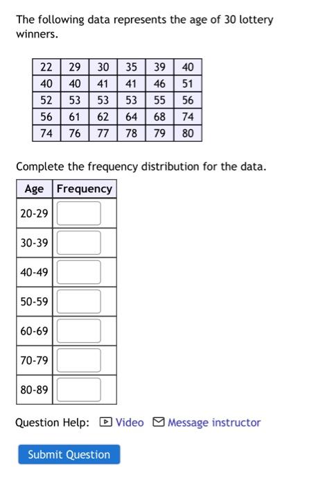 The Following Data Represents The Age Of 30 Lottery Winners 22 29 30 35 39 40 40 41 41 51 53 53 53 56 61 62 64 74 74 76 1