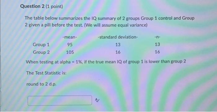 Question 1 1 Point The Table Below Summarizes The Iq Summary Of 2 Groups Group 1 Control And Group 2 Given A Pill Befo 2