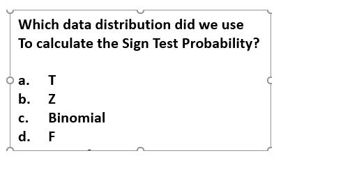 Which Data Distribution Did We Use To Calculate The Sign Test Probability A T B Z C Binomial D F 1