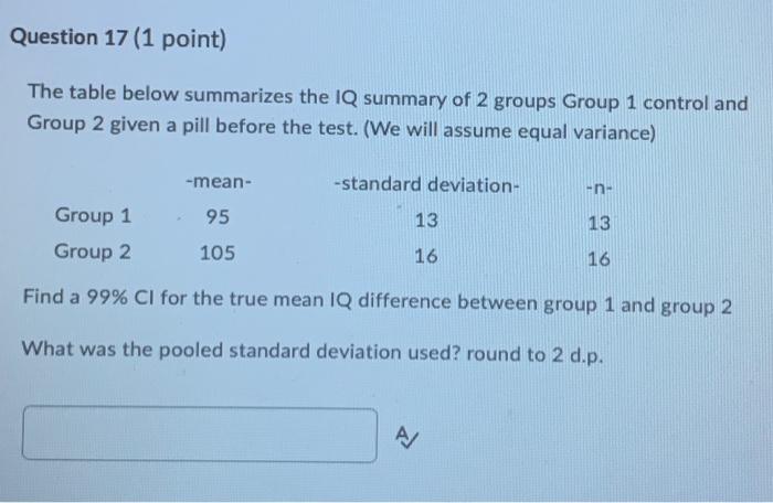 Question 16 1 Point The Table Below Summarizes The Iq Summary Of 2 Groups Group 1 Control And Group 2 Given A Pill Bef 2