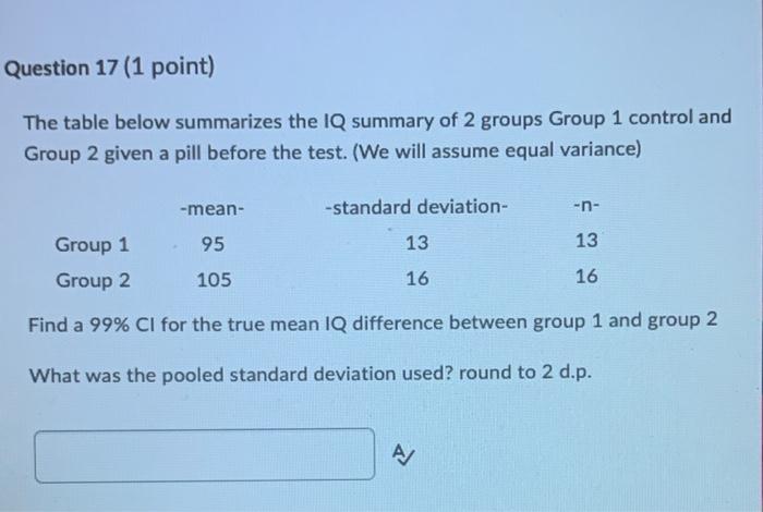 Question 16 1 Point The Table Below Summarizes The Iq Summary Of 2 Groups Group 1 Control And Group 2 Given A Pill Bef 3