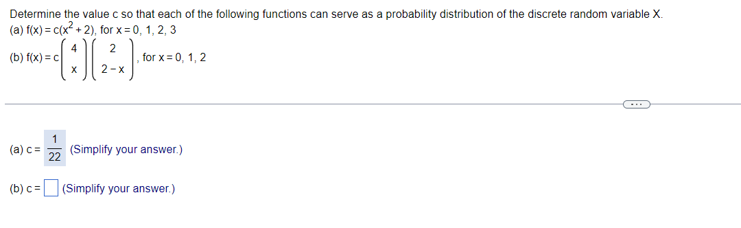 Determine The Value C So That Each Of The Following Functions Can Serve As A Probability Distribution Of The Discrete Ra 1