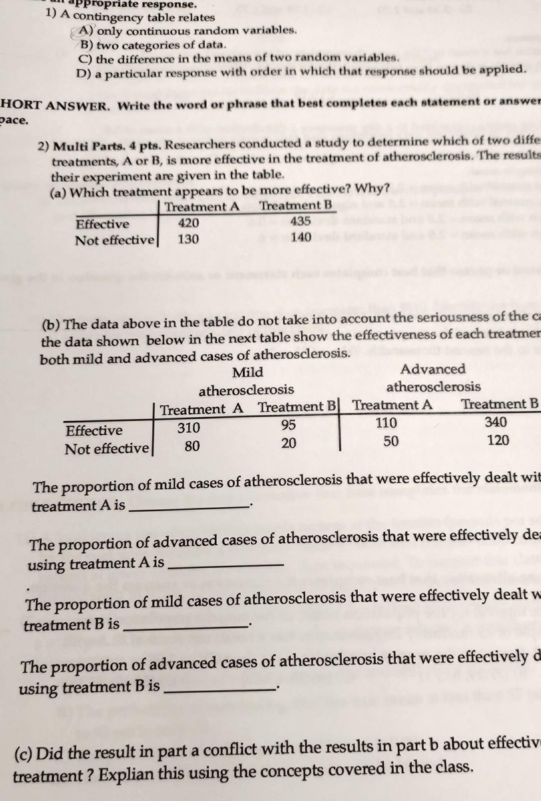 Ppropriate Response 1 A Contingency Table Relates A Only Continuous Random Variables B Two Categories Of Data C T 1