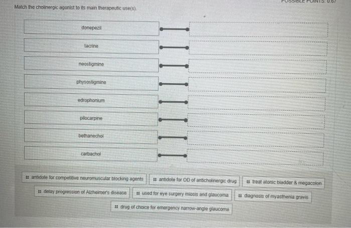 15 00 Match The Cholinergic Agonist To Its Main Therapeutic Use S Donepezil Tacrine Int Neostigmine Physostigmine Edrop 1