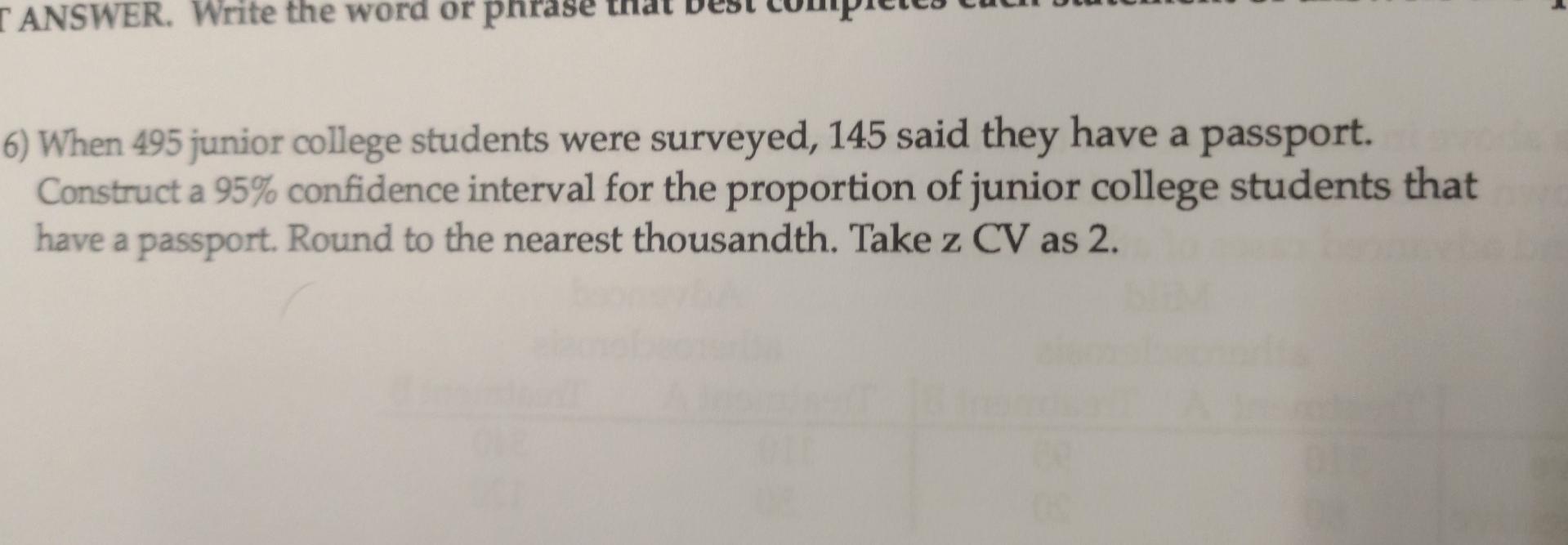Tanswer Write The Word Or Phrase 6 When 495 Junior College Students Were Surveyed 145 Said They Have A Passport Cons 1