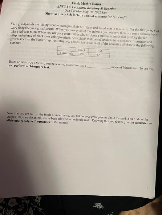 Final Math Bonus Ansc 3335 Animal Breeding Genetics Due Tuesday May 10 2022 8am Show All Work Include Units Of M 1