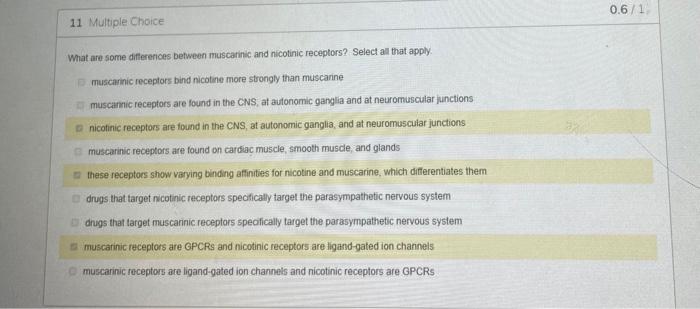 0 6 1 11 Multiple Choice What Are Some Differences Between Muscarinic And Nicotinic Receptors Select All That Apply Mus 1