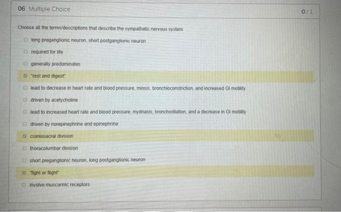 06 Multiple Choice 0 1 Choose All The Terms Descriptions That Describe The Sympathetic Nervous System Long Preganglionic 1