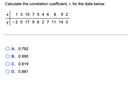Calculate The Correlation Coefficient R For The Data Below X 1 3 10 7 5 4 6 8 92 Y 2 0 17 9 6 2 7 11 14 0 O A 0 792 1