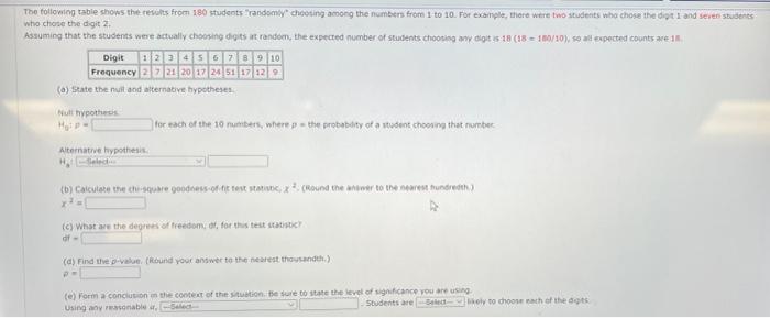 The Following Table Shows The Results From 180 Students Randomly Choosing Among The Numbers From 1 To 10 For Example 1