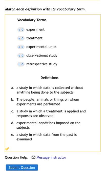 Match Each Definition With Its Vocabulary Term Vocabulary Terms Experiment Treatment Experimental Units Do Observationa 1