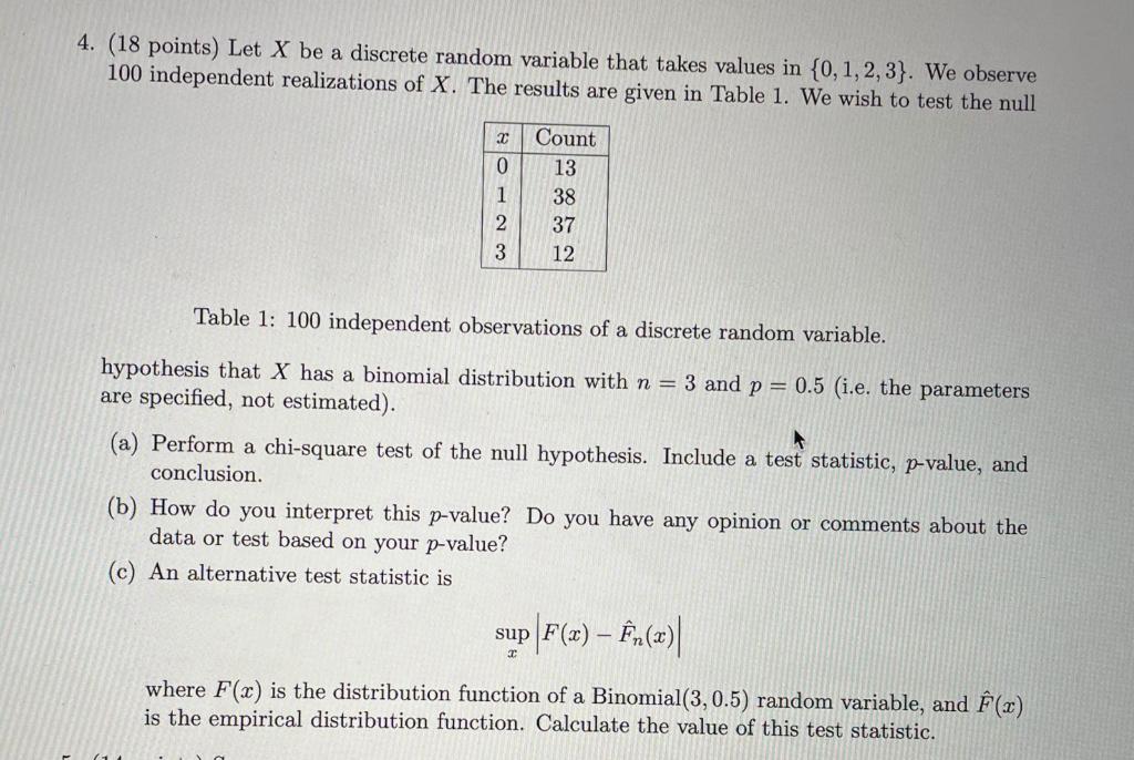 4 18 Points Let X Be A Discrete Random Variable That Takes Values In 0 1 2 3 We Observe 100 Independent Realiza 1