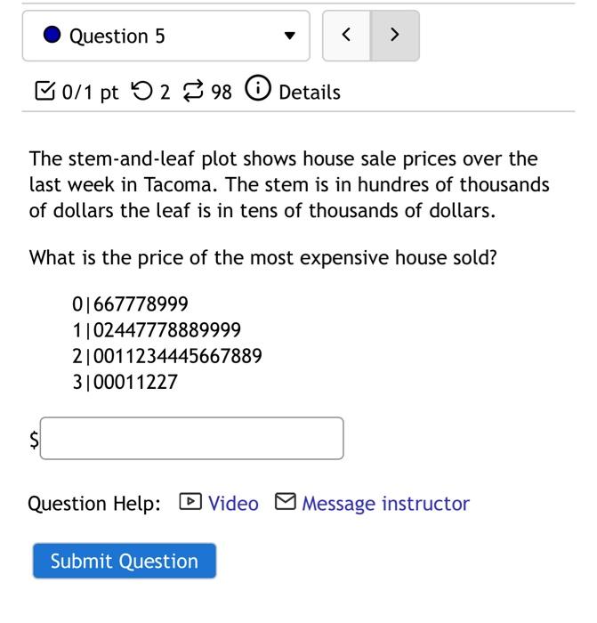 Question 5 0 1 Pt 298 Details The Stem And Leaf Plot Shows House Sale Prices Over The Last Week In Tacoma The Stem Is 1
