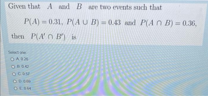 Given That A And B Are Two Events Such That P A 0 31 P Aub 0 43 And P An B 0 36 Then P A B Is Select One 1